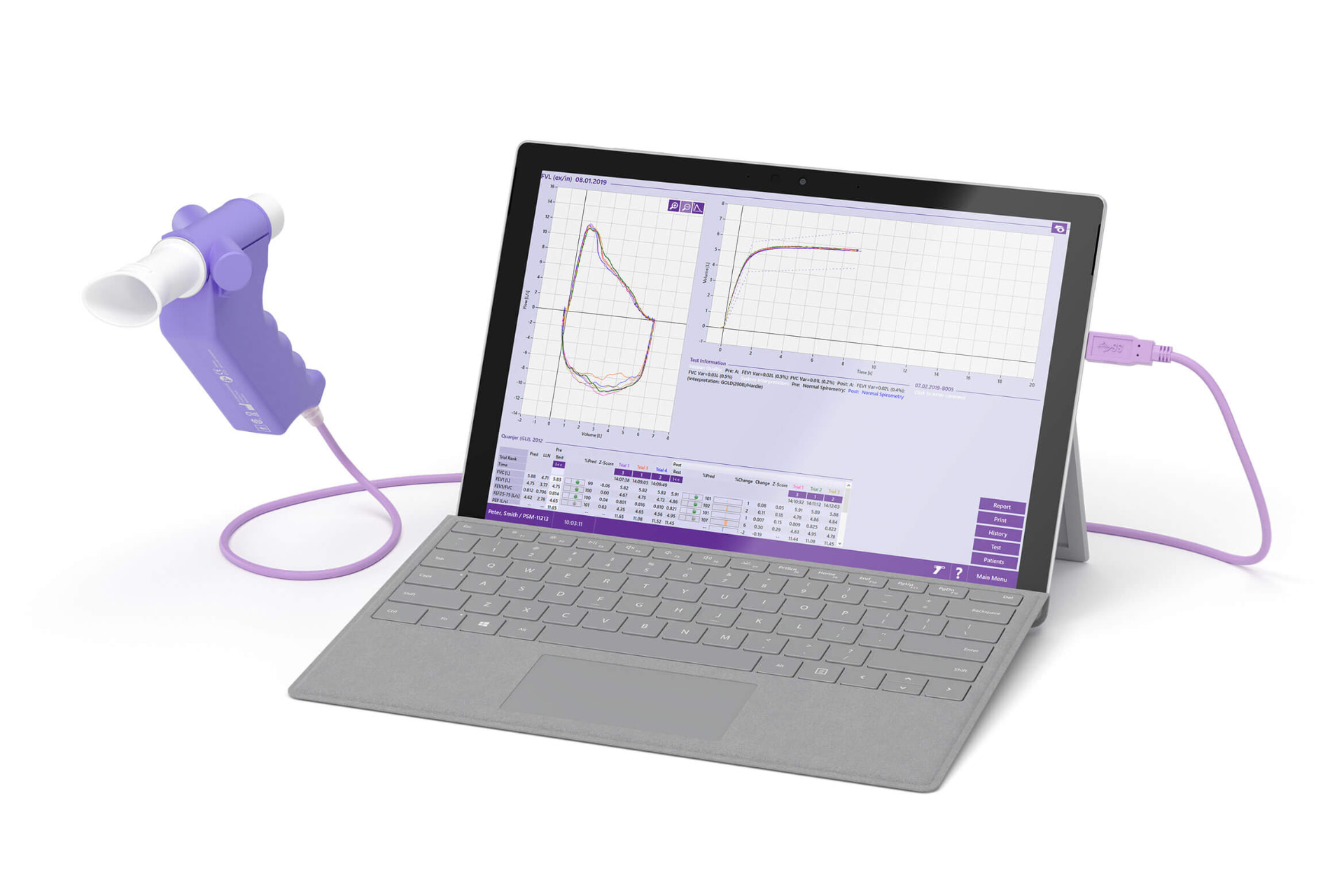 Aparelho de espirometria portátil conectado a um tablet, utilizado para medir a função pulmonar.